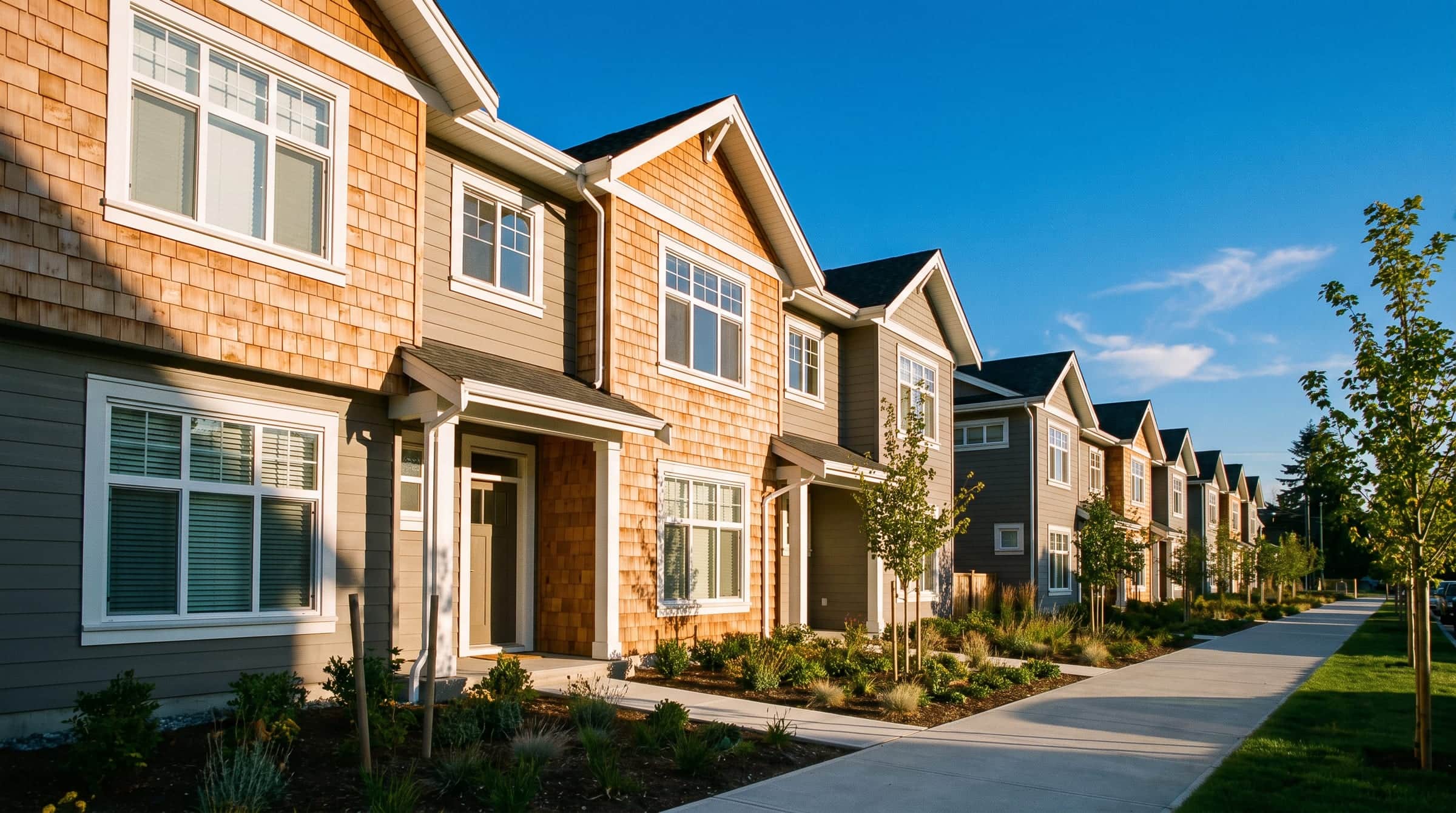 A row of cedar shingled townhomes in warm late afternoon light, with young trees along a new sidewalk.