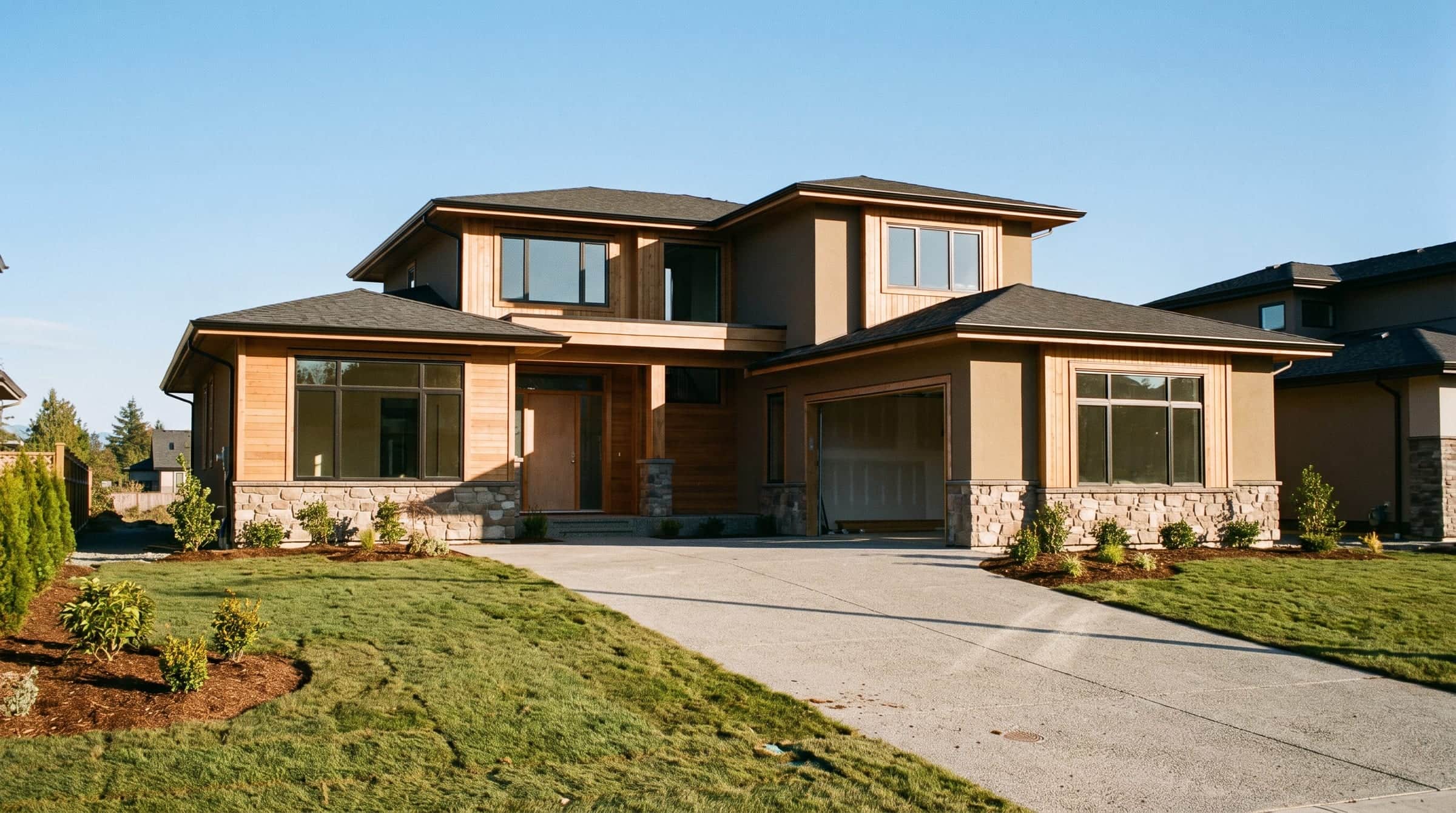 A newly built two storey home with cedar, stucco and stone cladding, fresh turf and a new concrete driveway, under a clear sky.