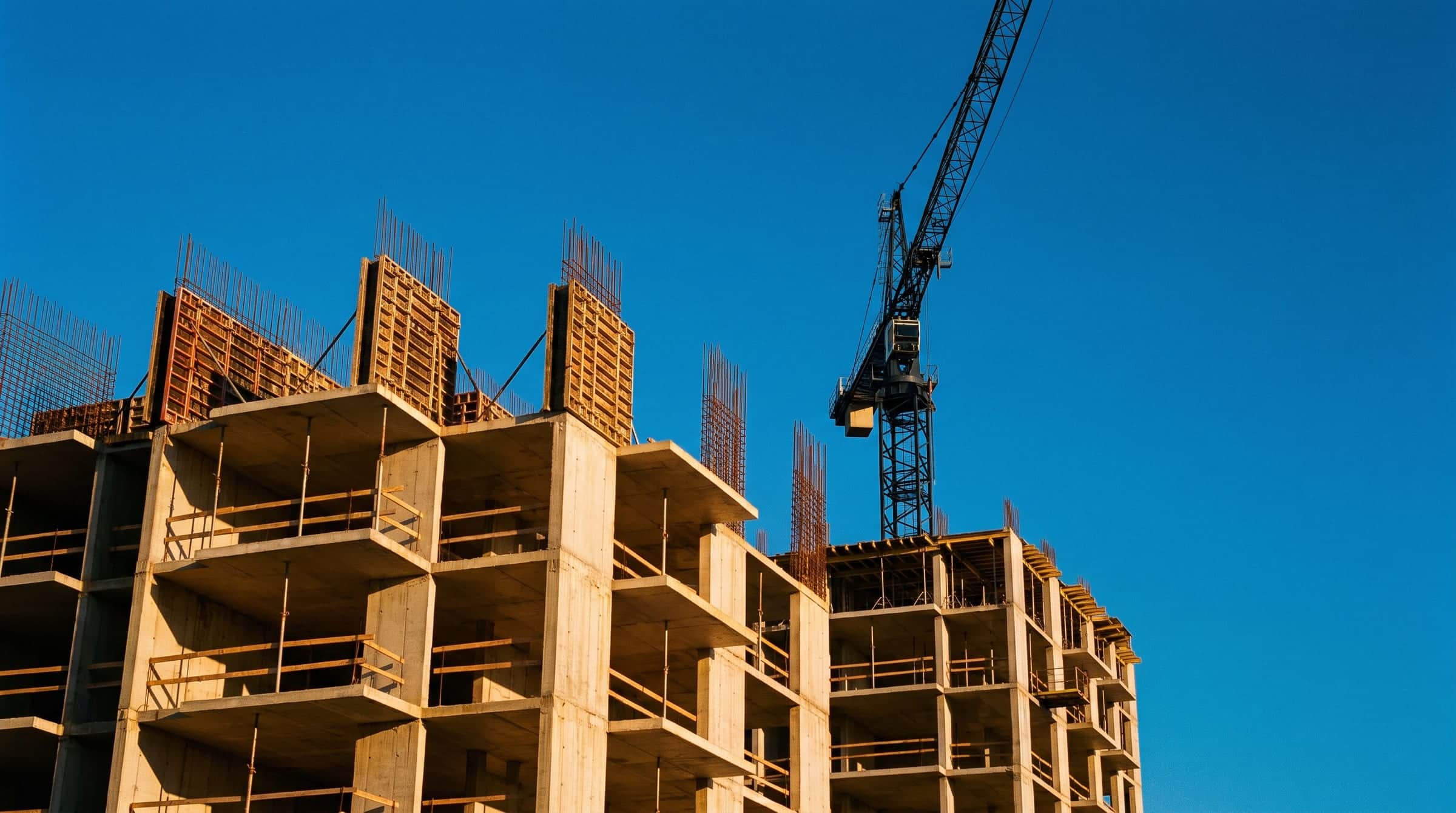 A concrete residential tower under construction against a deep blue sky, with a crane above the open floor slabs.