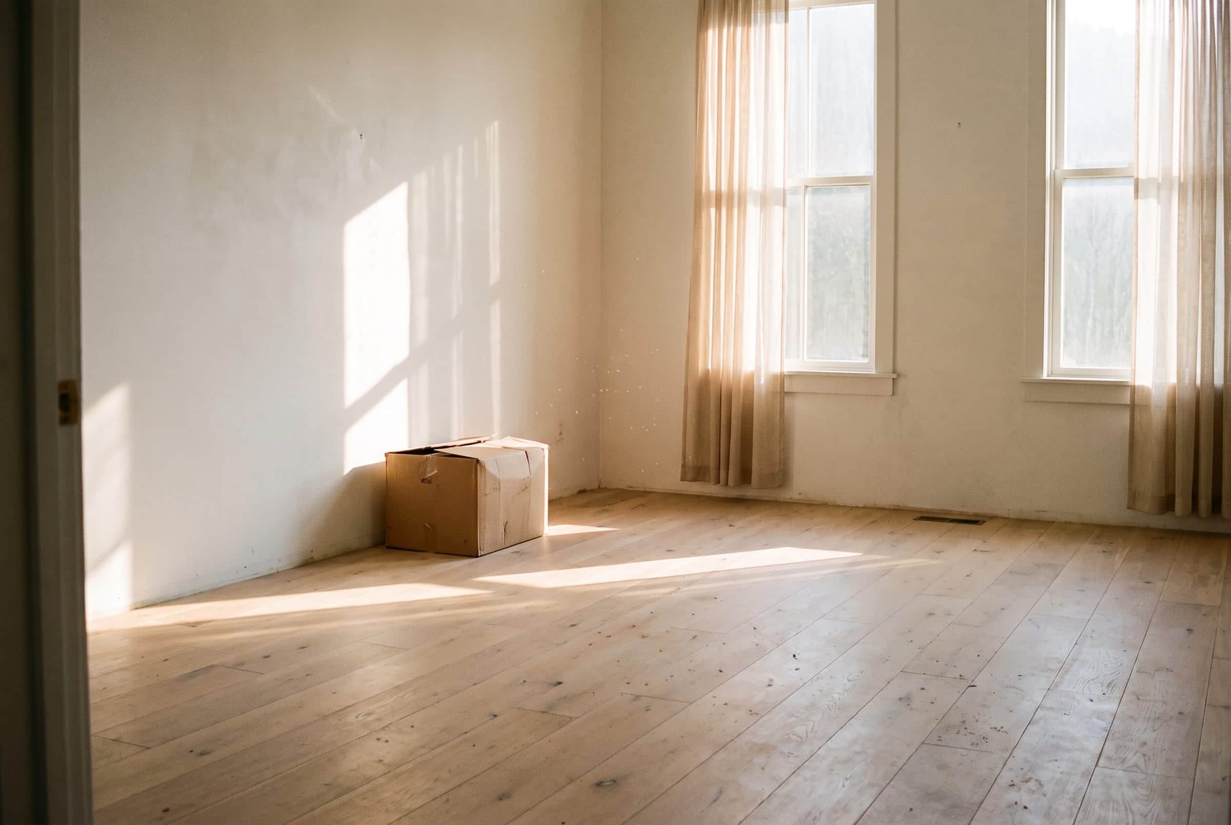 An empty room with pale wood floors, one closed cardboard box against the wall, and sunlight falling across the floor.